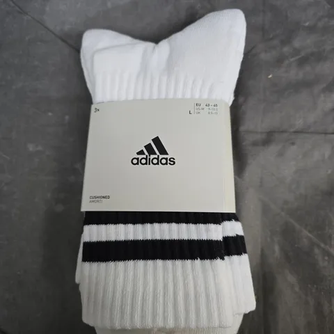 ADIDAS CUSHIONED SOCKS – WHITE, PACK OF 3, UK 8.5–10 (EU 43–45)