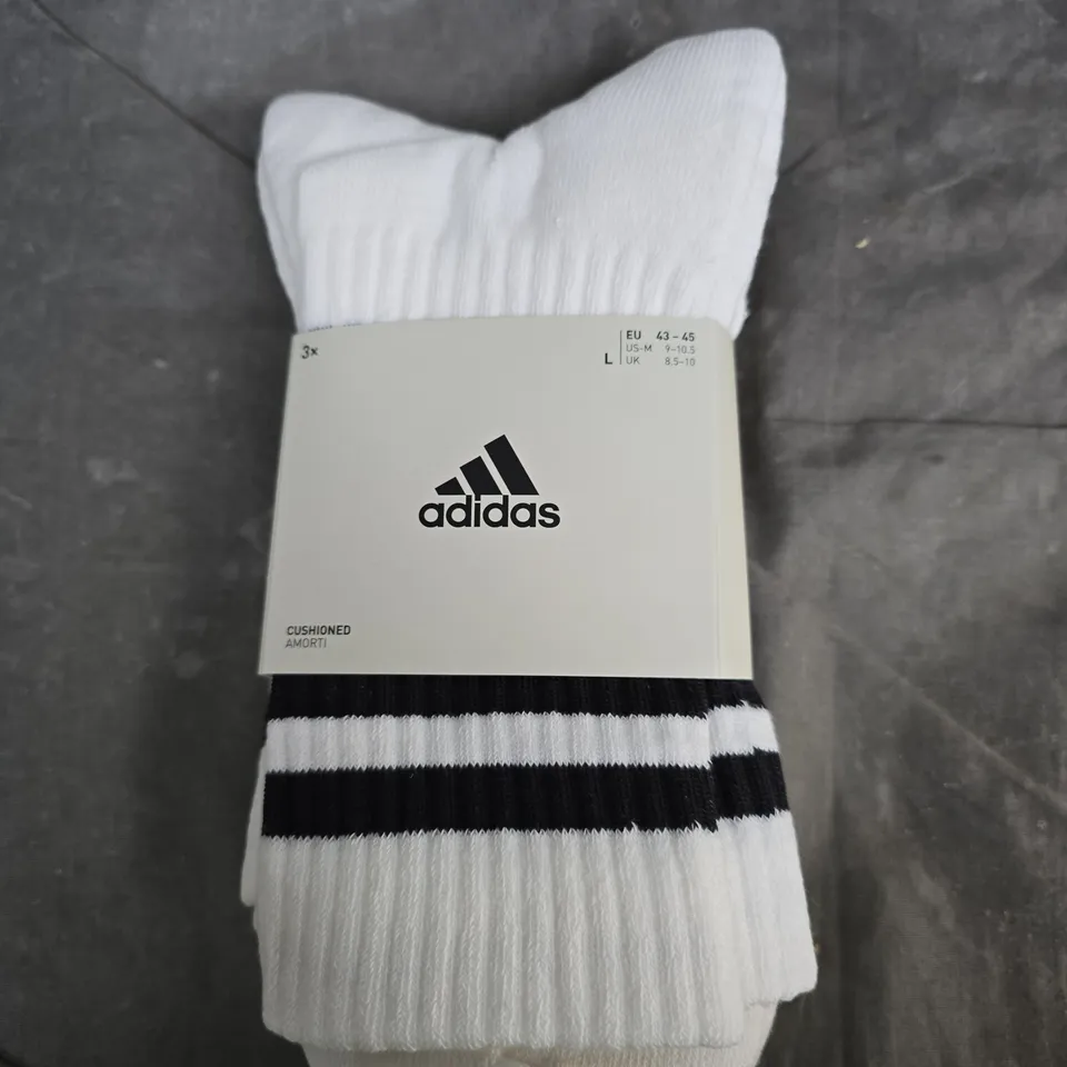 ADIDAS CUSHIONED SOCKS – WHITE, PACK OF 3, UK 8.5–10 (EU 43–45)