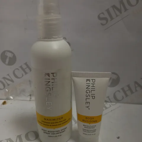TWO PHILIP KINGSLEY ITEMS INCLUDING MAXIMISER ROOT BOOSTING SPRAY (125ML) AND BODY BUILDING WEIGHTLESS SHAMPOO (20ML)