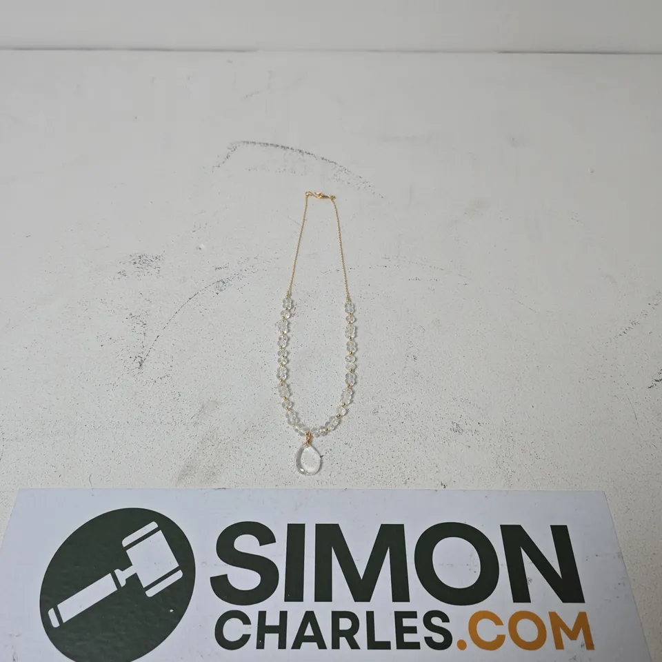 GOLD-TONE CRYSTAL BEAD NECKLACE WITH TEARDROP PENDANT