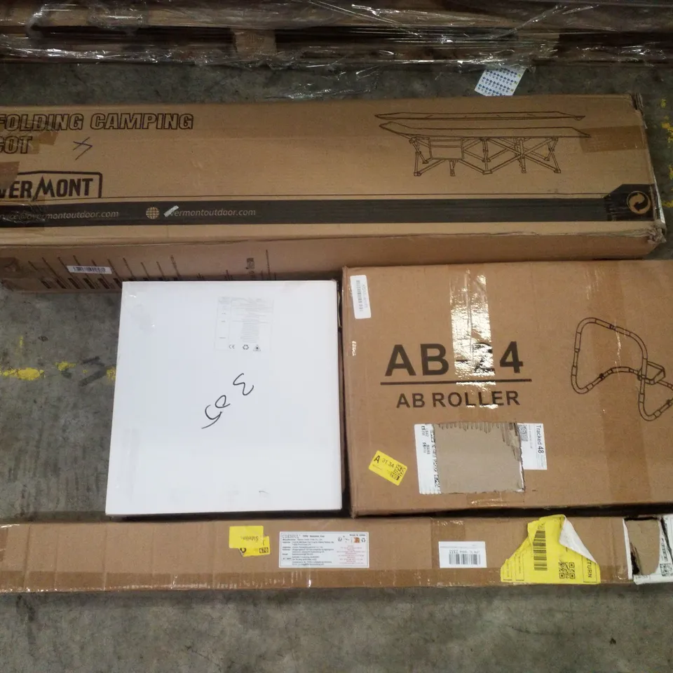 PALLET CONTAINING ASSORTED PRODUCTS INCLUDING FOLDING CAMPING COT, AB ROLLER, VINYL RECORD STORAGE & SNOOKER CUE
