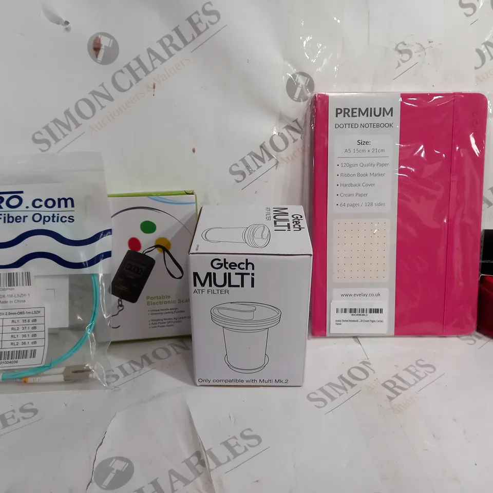 BOX OF APPROXIMATELY 10 ASSORTED ITEMS TO INCLUDE - PREMIUM DOTTED NOTEBOOK - GTECH MULTI AIR FILTER - FIBER OPTICS ECT