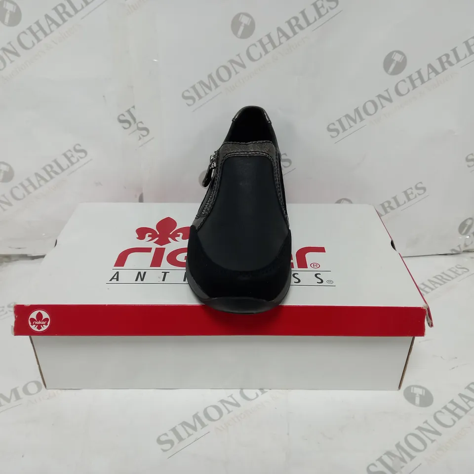 BOXED PAIR OF RIEKER TRAINER SHOE WITH ZIP IN BLACK UK SIZE 5