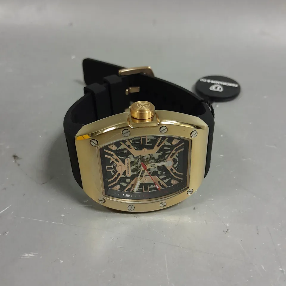 MENS AUTOMATIC DESCHAMPS & CO WATCH – SKELETON DIAL – GLASS EXHIBITION BACK CASE – RUBBER STRAP