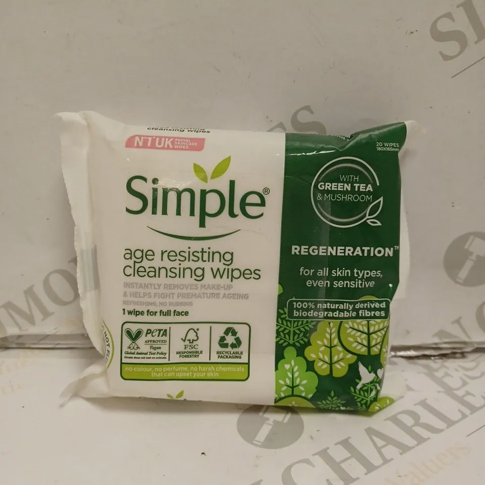 BOX OF APPROX 10 SIMPLE AGE RESISTING CLEANSING WIPES. 