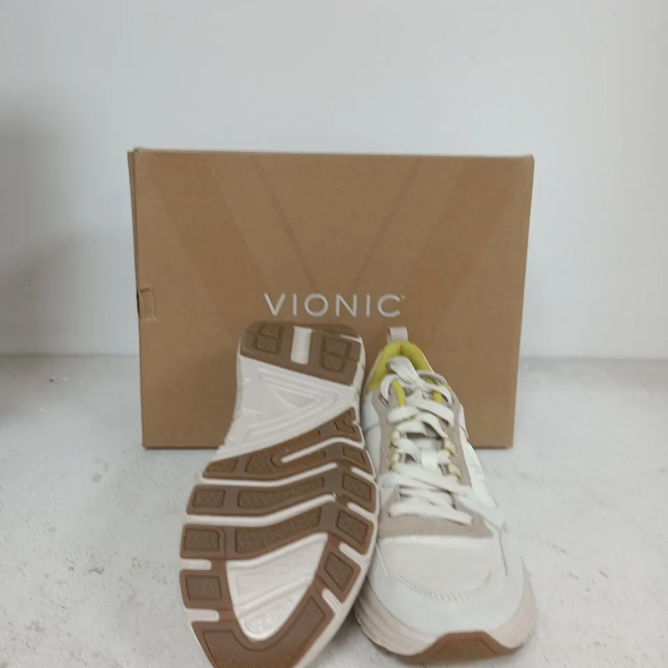 VIONIC WOMEN'S TRAINERS – WHITE/BEIGE WITH NEON YELLOW INTERIOR (BOXED) SIZE UK 7