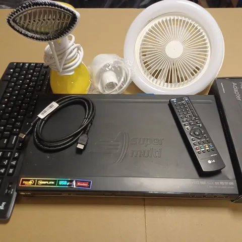 LOT OF 10 ASSORTED TECH ITEMS TO INCLUDE LG DVD RECORDER, TESLA MOBILE CONNECTOR ADAPTER AND FAN FLY REPELLER