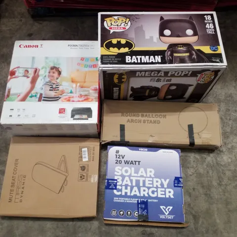 PALLET CONTAINING ASSORTED PRODUCTS INCLUDING CANON PIXMA PRINTER, POP! MEGA BATMAN, ROUND BALLOON ARCH STAND, TOILET SEAT & 12V SOLAR BATTERY CHARGER