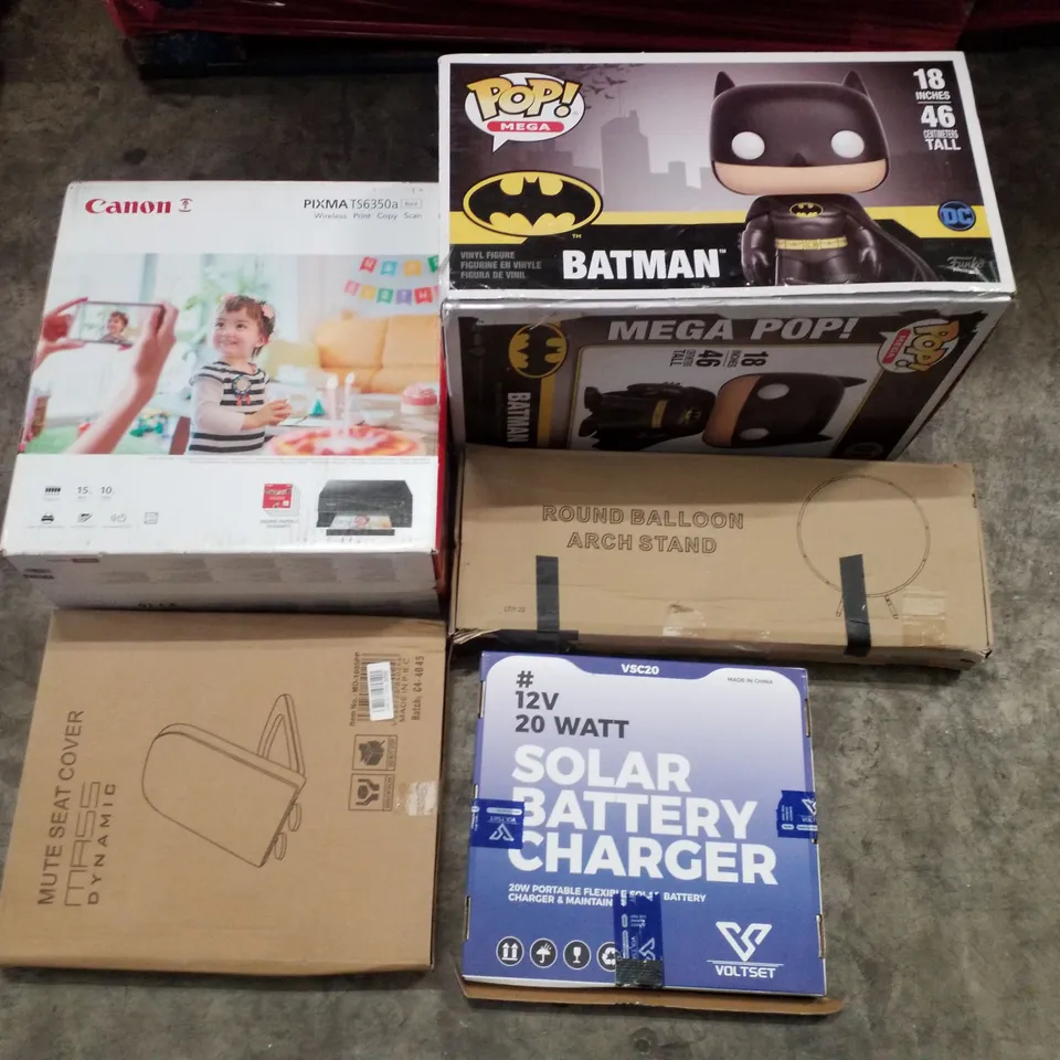 PALLET CONTAINING ASSORTED PRODUCTS INCLUDING CANON PIXMA PRINTER, POP! MEGA BATMAN, ROUND BALLOON ARCH STAND, TOILET SEAT & 12V SOLAR BATTERY CHARGER 