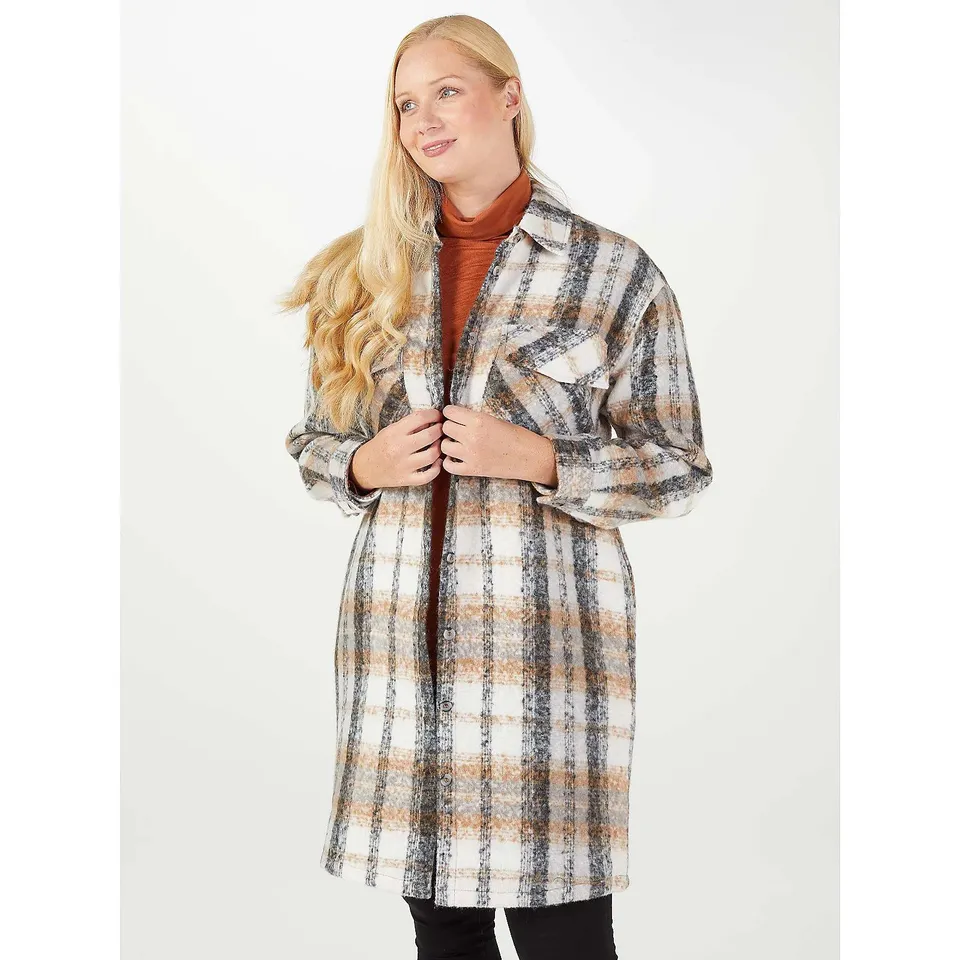 BADGLEY MISCHKA BRUSHED PLAID LONG LINE SHACKET IN CAMEL COMBO - SIZE XL