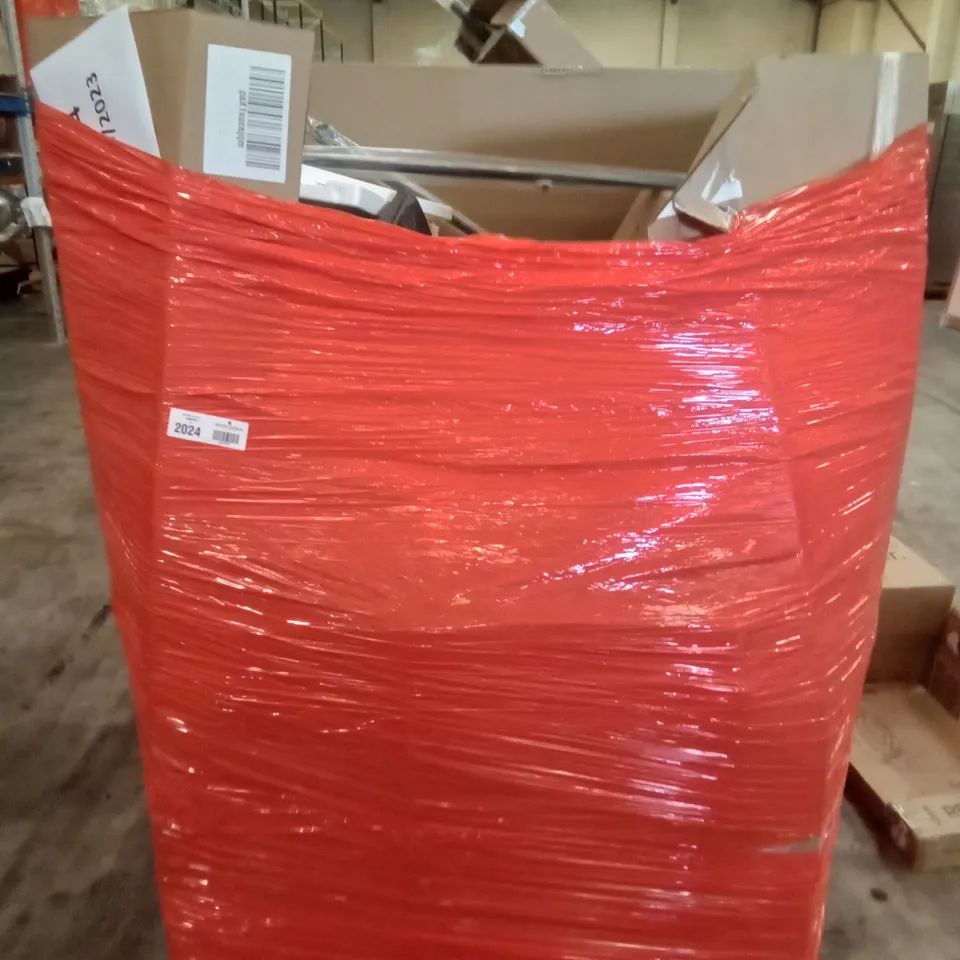 PALLET OF ASSORTED ITEMS INCLUDING DUPRAY STEAM CLEANER, STOREMIC TOILET SEAT, RETRACTABLE BABY GATE, CURTAIN ROD SET, KRAFT PAPER FILE ORGANISER, DIY PLASTIC CABINET