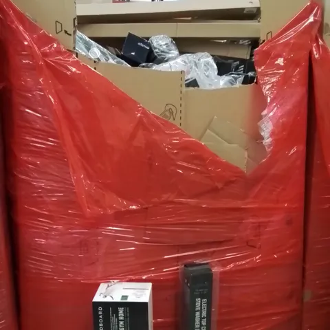 PALLET OF ASSORTED HOUSEHOLD GOODS AND PRODUCTS TO INCLUDE;ELECTRIC TOP COVER STOVE WASHER DRYER,RETRACTABLE SPORTS BANDS