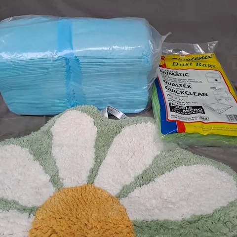 APPROXIMATELY 15 ASSORTED HOUSEHOLD PRODUCTS TO INCLUDE ABSORBENT PADS, BATH MAT AND VACUUM CLEANER BAGS