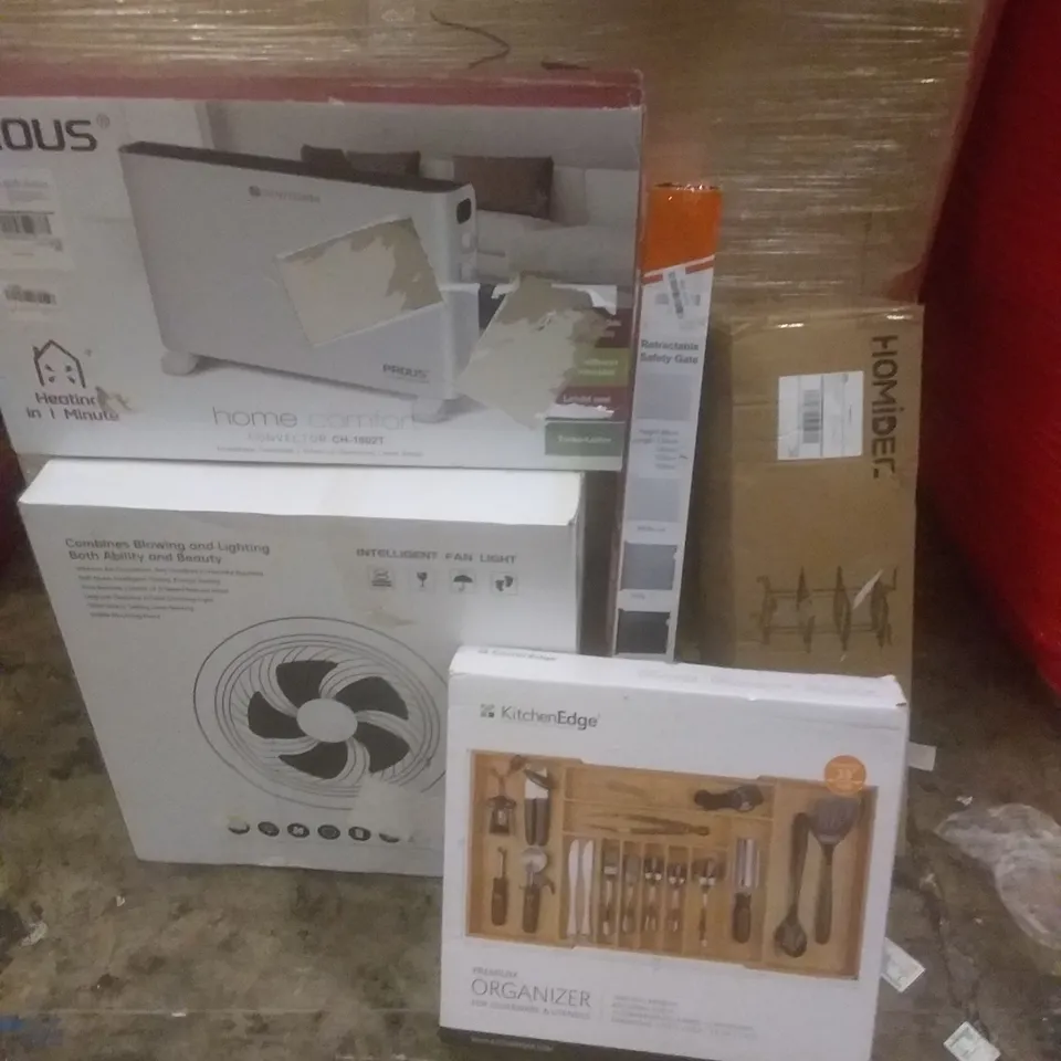 PALLET OF ASSORTED ITEMS INCLUDING UTENSIL ORGANISER, INTELLIGENT FAN, SAFETY GATE, 3 TIER STORAGE CART