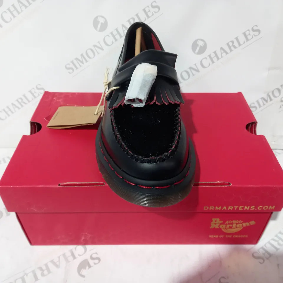 BOXED PAIR OF DR MARTENS ADRIAN YEAR OF THE DRAGON LOAFERS IN BLACK/RED UK SIZE 5