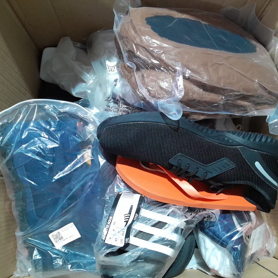 BOX OF APPROXIMATELY 20 ASSORTED SHOES TO INCLUDE - ROCKDOVE SLIPPER - ADIDAS SLIDDER - PRIMARK ORANGE SANDAL ECT