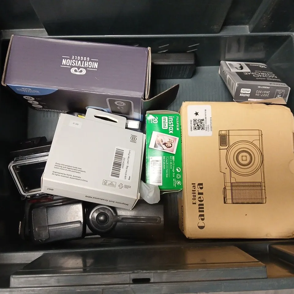 APPROXIMATELY 9 ASSORTED CAMERAS & ACCESSORIES TO INCLUDE DIGITAL CAMERA, INSTAX MINI FILM, YONGUO SPEEDLITE, ETC