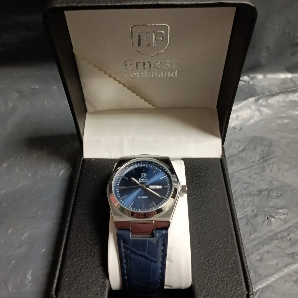 MENS ERNEST FERDINAND WATCH – DAY DATE CALENDAR DIAL – LEATHER STRAP