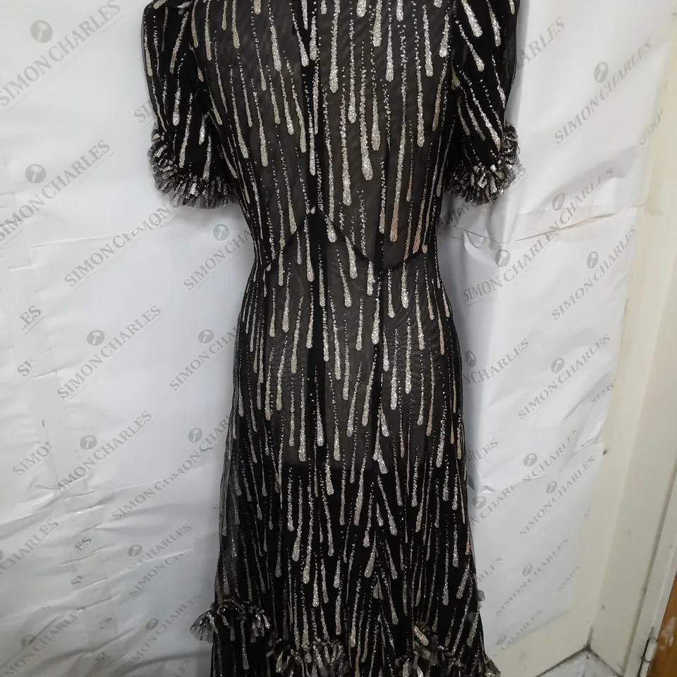 THE VAMPIRE'S WIFE PUFF SLEEVE RUFFLE GLITTER DROPLET MAXI DRESS IN GOLD AND BLACK MESH SIZE 6