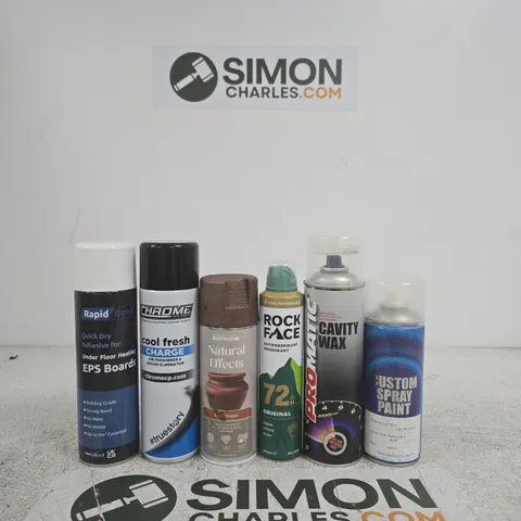 APPROXIMATELY 6 ASSORTED ITEMS INCLUDING CUSTOM SPRAY PAINT, PROMATIC CAVITY WAX AND ROCK FACE ANTIPERSPIRANT DEODORANT