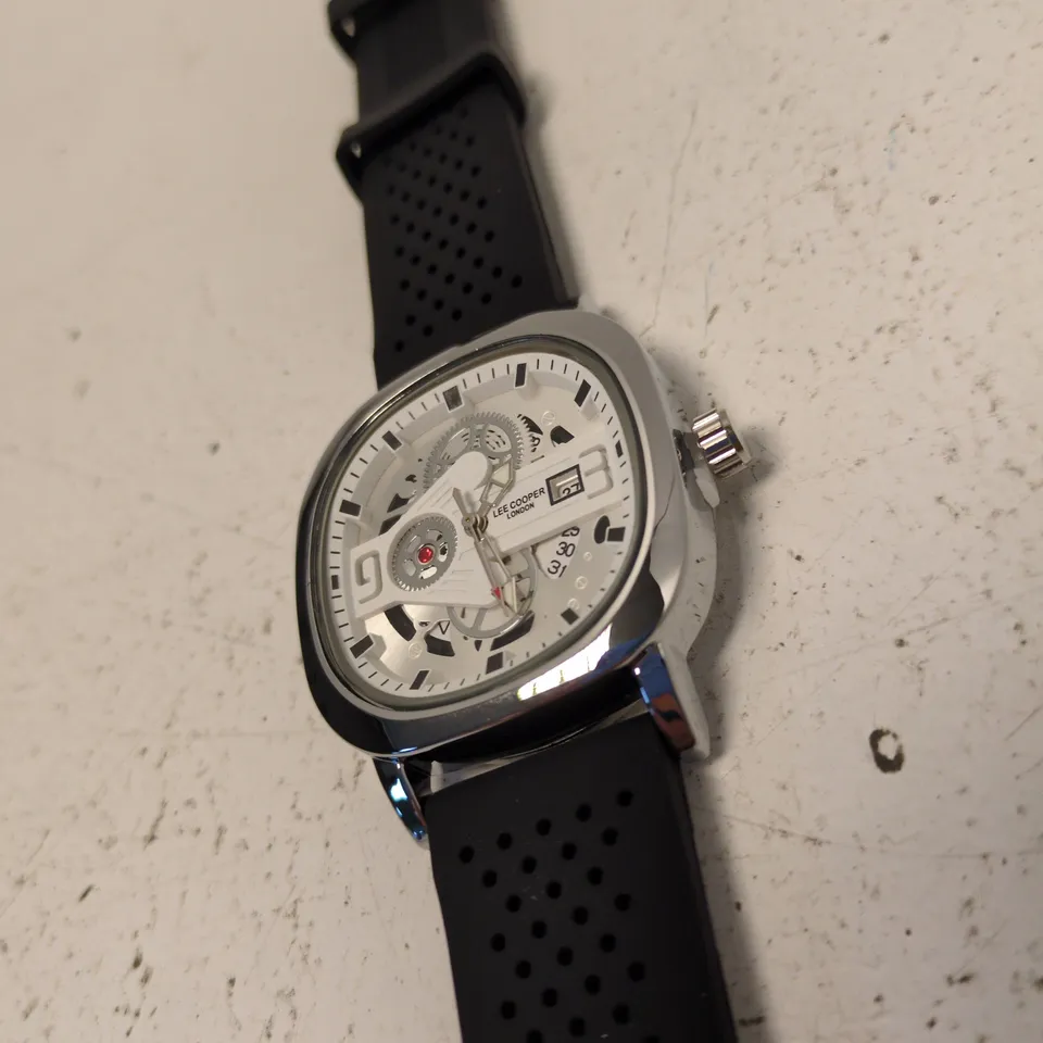 LEE COOPER LONDON SKELETON WATCH – STAINLESS STEEL BACK, BLACK PERFORATED RUBBER STRAP