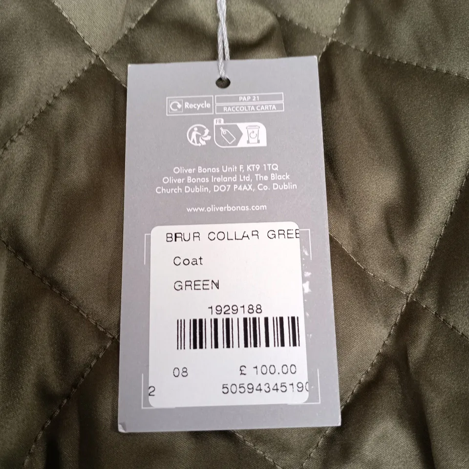OLIVER BONAS GREEN CHECKED COAT WITH FAUX FUR COLLAR – UK 8