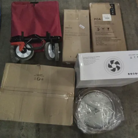 PALLET OF ASSORTED ITEMS INCLUDING INTELLIGENT FAN LIGHT, STORAGE OTTOMAN, SKYNATURE WALL CLOCK, MODENA MIRRORS, SHOPPING CART