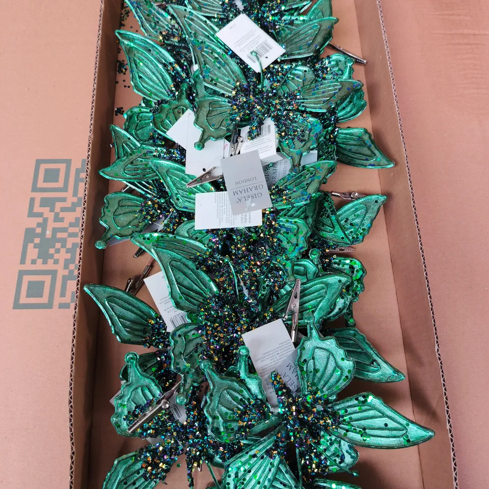 APPROXIMATELY 24 GISELA GRAHAM GREEN BUTTERFLY CLIP DECORATION WITH GLITTER-ENCRUSTED CENTERS