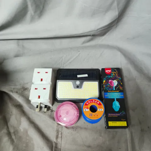 APPROXIMATELY 15 ASSORTED HOUSEHOLD ITEMS TO INCLUDE SOLDER CORE WIRE, DOUBLE PLUG SOCKET AND AN AUDIO LOLLIPOP