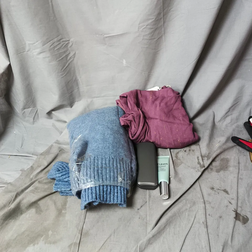 BOX OF APPROXIMATELY 30 ASSORTED ITEMS INCLUDING BLUE JUMPER, PURPLE DRESS, READING GLASSES, SMOOTH SKIN PRIMER ETC