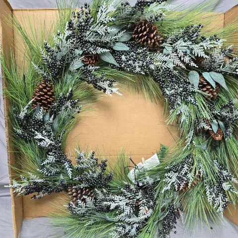 BOXED PRE LIT CHRISTMAS WREATH WITH GREEN BERRIES AND PINECONES - 90 CM