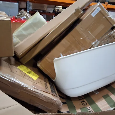 PALLET OF ASSORTED HOUSEHOLD GOODS AND PRODUCTS TO INCLUDE;CAT LITTER TRAY,BIKE,DRAWERS