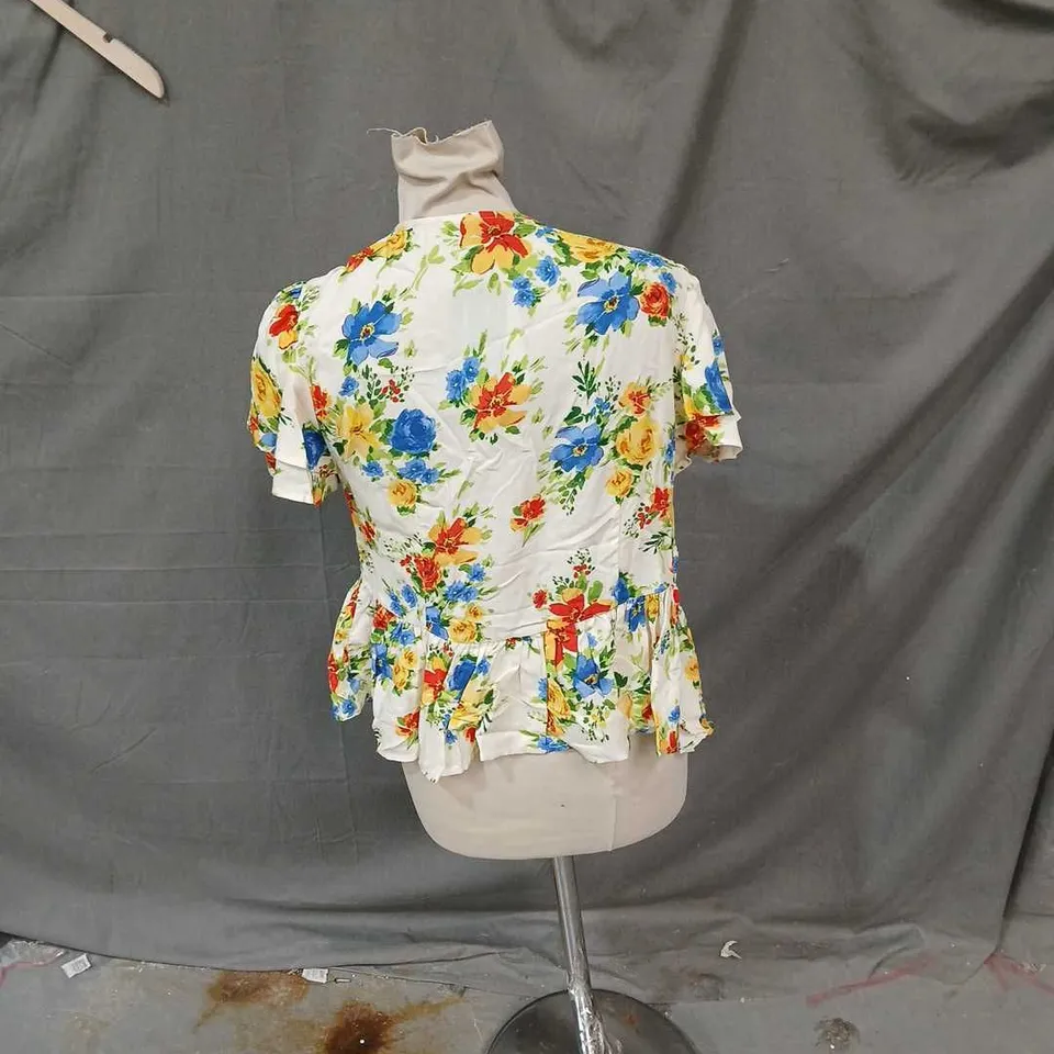 WOMEN'S FLORAL PRINT BLOUSE TOP – ECOVERO VISCOSE, SHORT SLEEVES, PEPLUM HEM SIZE UK 14