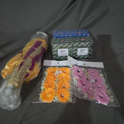 BOX OF APPROXIMATELY 20 ASSORTED ITEMS TO INCLUDE - DECORATIVE UMBRELLAS - MEDORA SEMI MATTE LIPSTICK - ARTIFICIAL FLOWERS