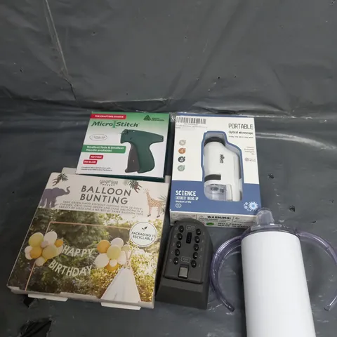 APPROXIMATELY 10 ASSORTED HOUSEHOLD ITEMS TOO INCLUDE BOTTLES , MICROSCOPE , KEY SAFE , ETC
