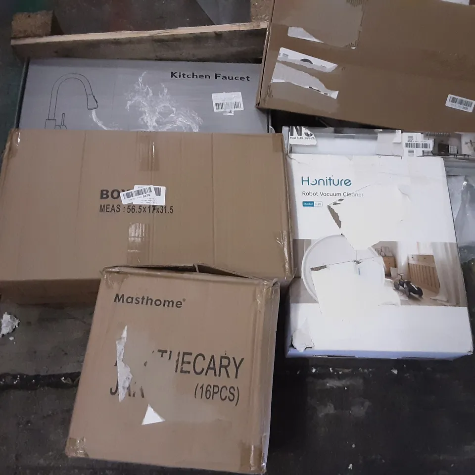 PALLET OF ASSORTED PRODUCTS INCLUDING HONITURE ROBOT VACUUM CLEANER, KITCHEN FAUCET, MASTHOME 16PCS APOTHECARY JARS, TANZUOER BLINDS, CAMPLUX TANKLESS WATER HEATER, AETKFO MOSQUITO KILLER 