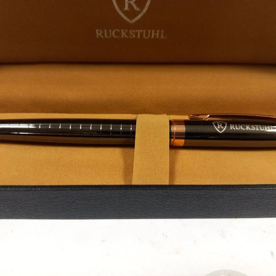 RUCKSTUHL STAINLESS STEEL LUXURY PEN IN GIFT BOX – BLACK & ROSE GOLD COLOUR CASE - HAND ASSEMBLED