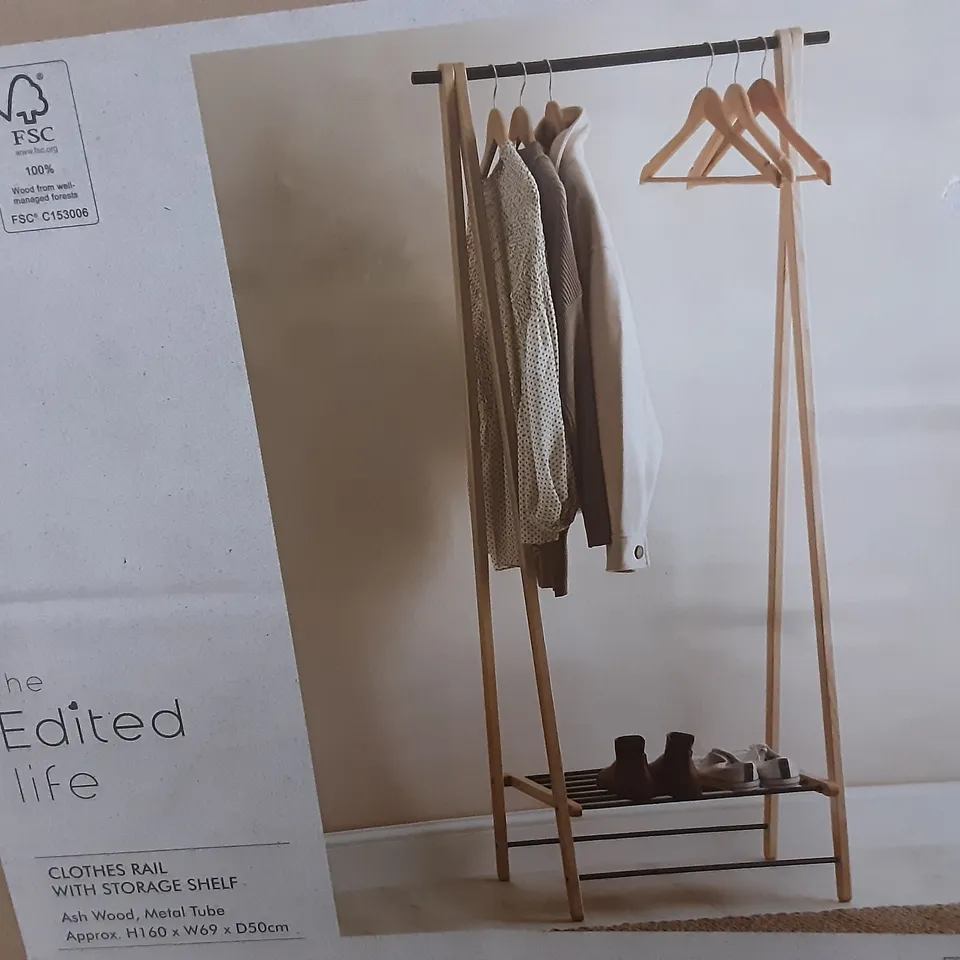 BOXED EDITED LIFE CLOTHES RAIL WITH STORAGE SHELF IN ASTWOOD AND METAL TUBE - H160 X W69 X D50CM