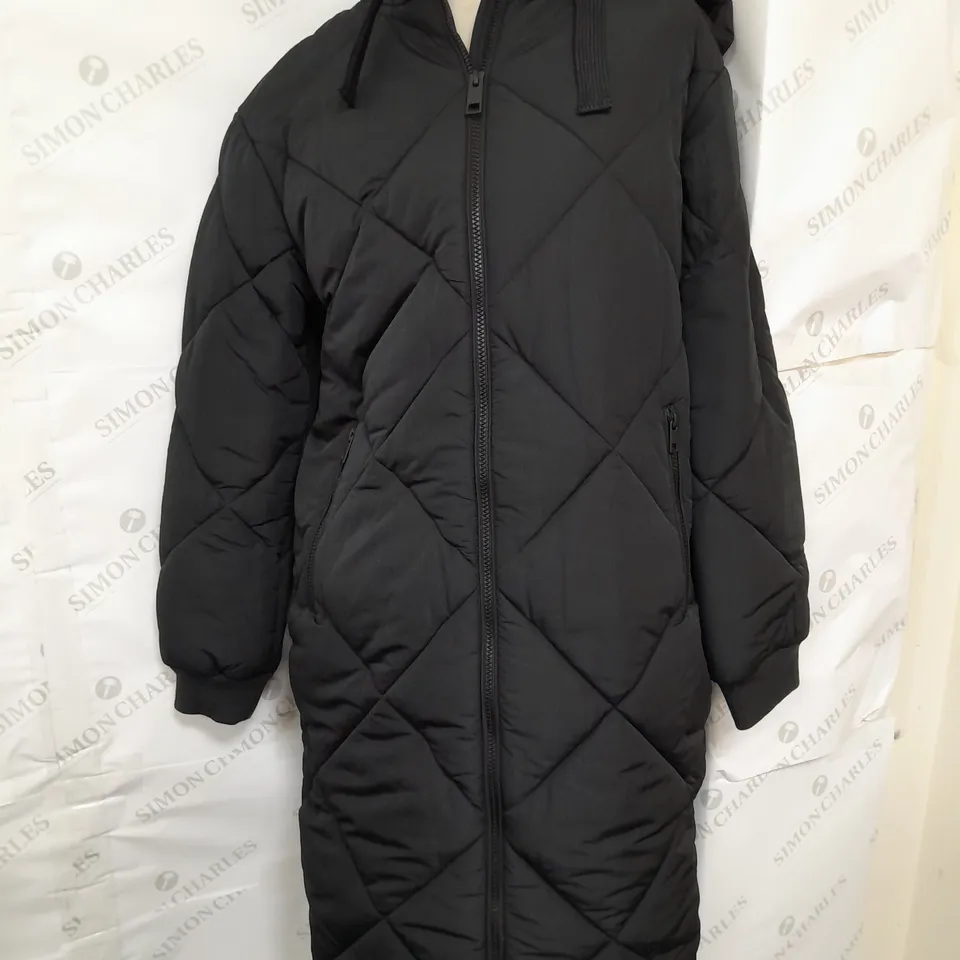 M&S HOODED QUILTED PUFFED LONGLINE COAT IN BLACK SIZE 8