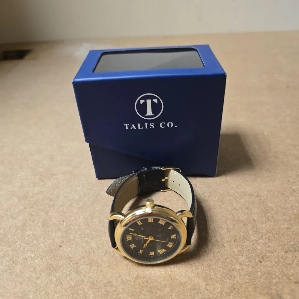 TALIS CO. GOLD-TONE WRISTWATCH WITH BLACK LEATHER STRAP – BOXED