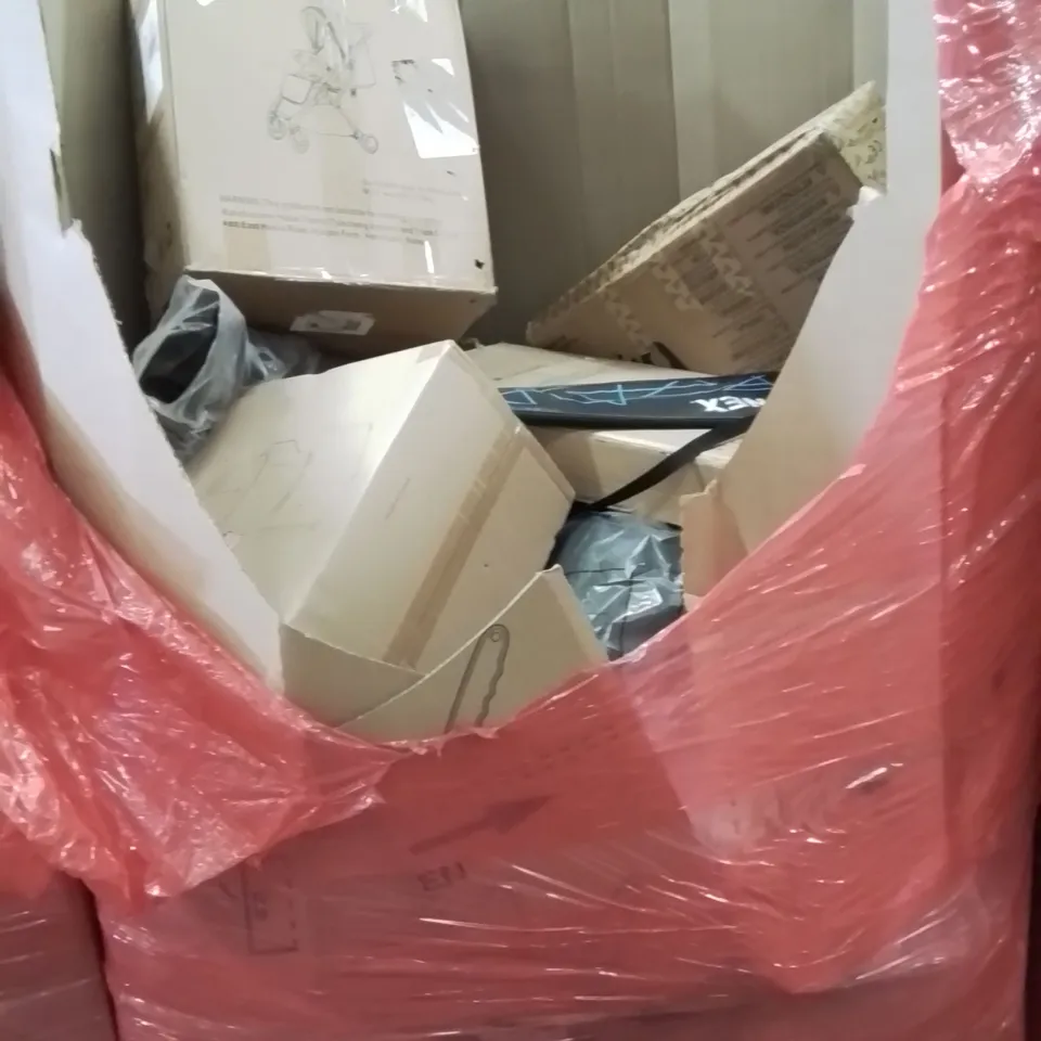 PALLET CONTAINING VARIOUS ASSORTED BOXED HOUSEHOLD ITEMS TO INCLUDE: FOOD PROCESSOR, BADMINTON RACKET, BABY PUSHCHAIR, PLAY MAT AND LOTS MORE UNMARKED BOXED ITEMS 