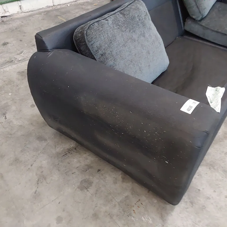 TWO SOFA SECTIONS BLACK FAUX LEATHER & GREY FABRIC