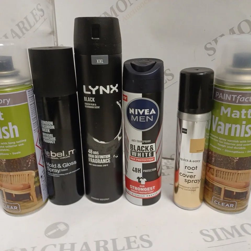 BOX OF APPROX 20 ASSORTED AEROSOLS TO INCLUDE NIVEA MEN SWEAT PROTECTION, MATT VARNISH, LYNX ETC - COLLECTION ONLY