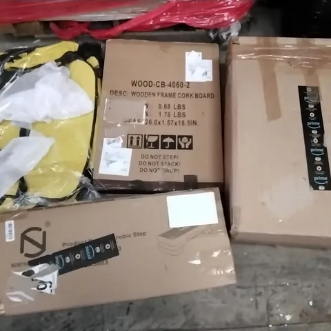 PALLET OF ASSORTED ITEMS INCLUDING WOODEN FRAME CORK BOARDED, AEROBIC STEP, CAMPING COT, MODENA MIRROR, ALPHA CAMP CAMPING CHAIR, SLANT LEG POPUP CANOPY