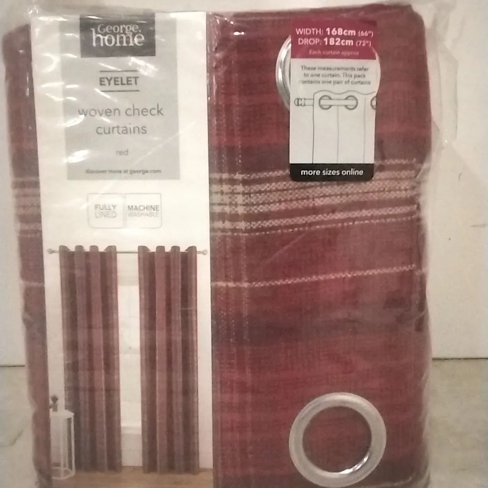 PACKAGED GEORGE HOME EYELET WOVEN RED CHECK CURTAINS SIZE: 168CM X 182CM 