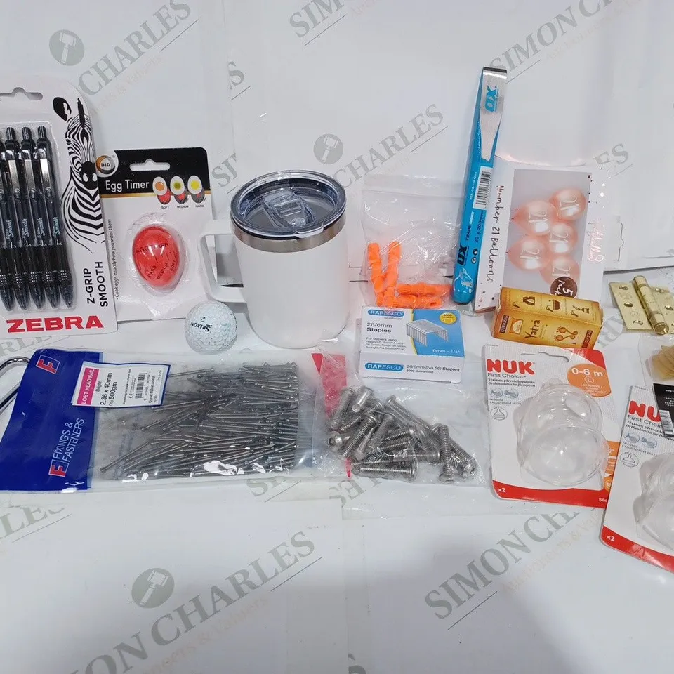 BOX TO CONTAIN APPROX. 25 X ASSORTED HOUSEHOLD PRODUCTS, INCLUDES SCREWS, NAILS, PENS, LOCKS ETC 