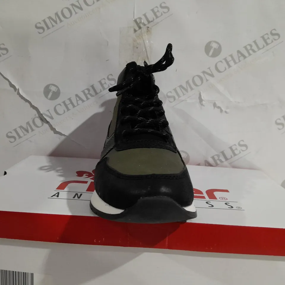 BOXED PAIR OF RIEKER HIGH TOP TRAINER BOOTS, KHAKI - SIZE 6