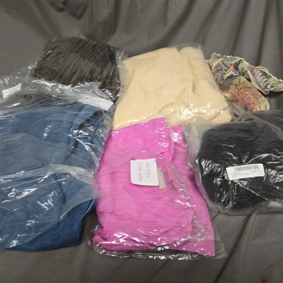 LARGE BOX OF ASSORTED CLOTHING ITEMS IN VARIOUS COLOURS, SIZES AND STYLES