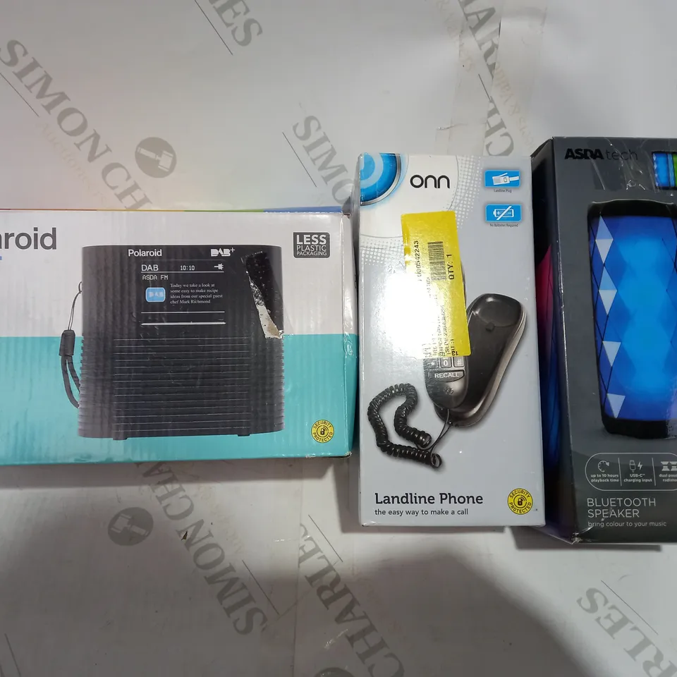 BOX OF APPROXIMATELY 20 ASSORTED HOUSEHOLD ITEMS TO INCLUDE POLAROID DAB+ RADIO, ONN LANDLINE PHONE, ASDA TECH BLUETOOTH SPEAKER, ETC
