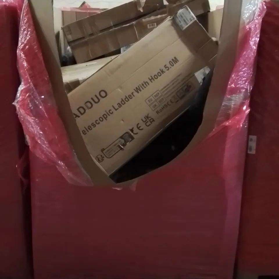 PALLET CONTAINING VARIOUS ASSORTED BOXED HOUSEHOLD ITEMS TO INCLUDE: WEED PROTECTION MEMBRANE, CEILING LIGHT, BOOSTER SEAT,  AND LOTS MORE UNMARKED BOXED ITEMS 